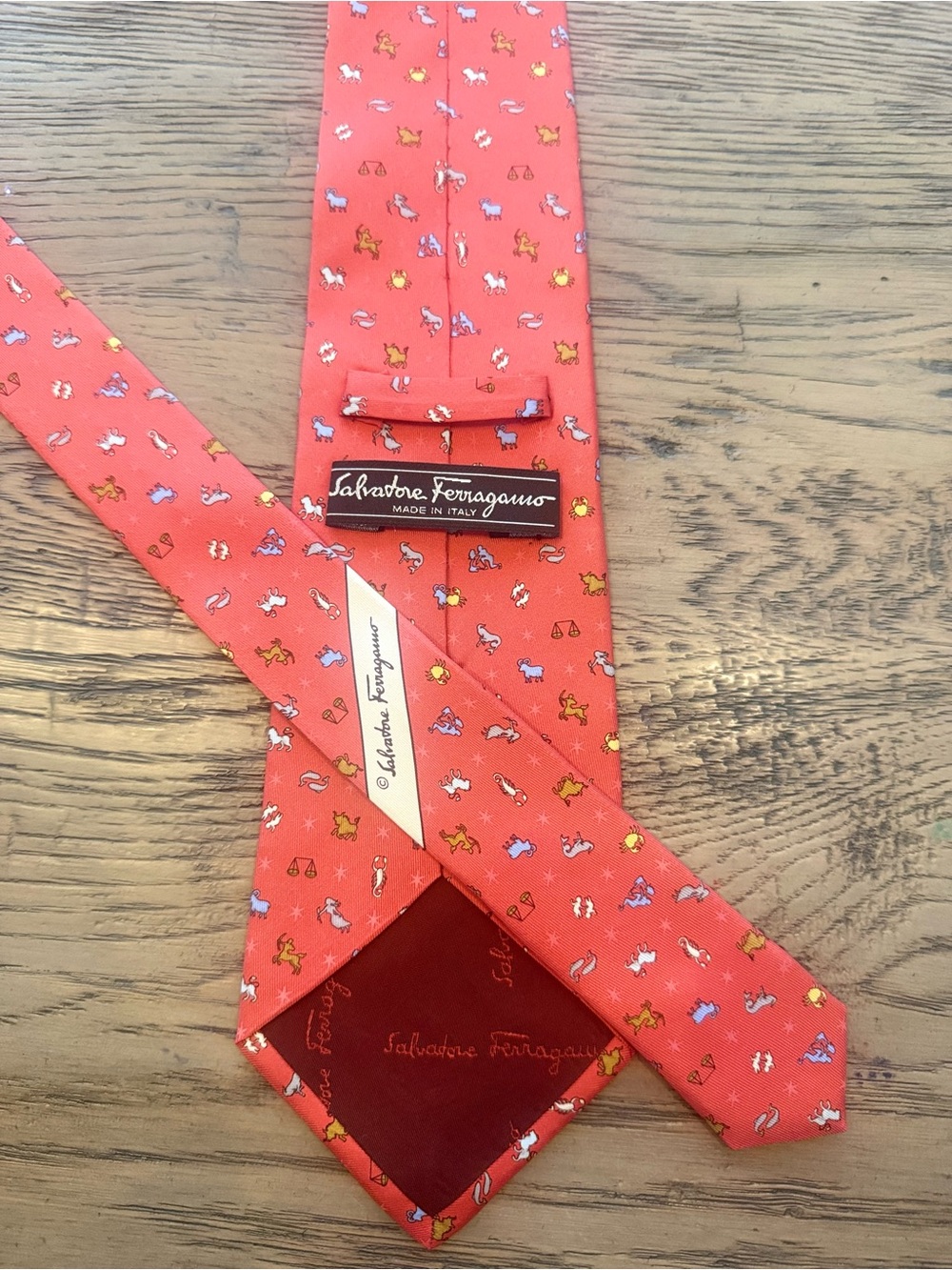 Salvatore Ferragamo Coral-Red Silk Tie with Micro Motif